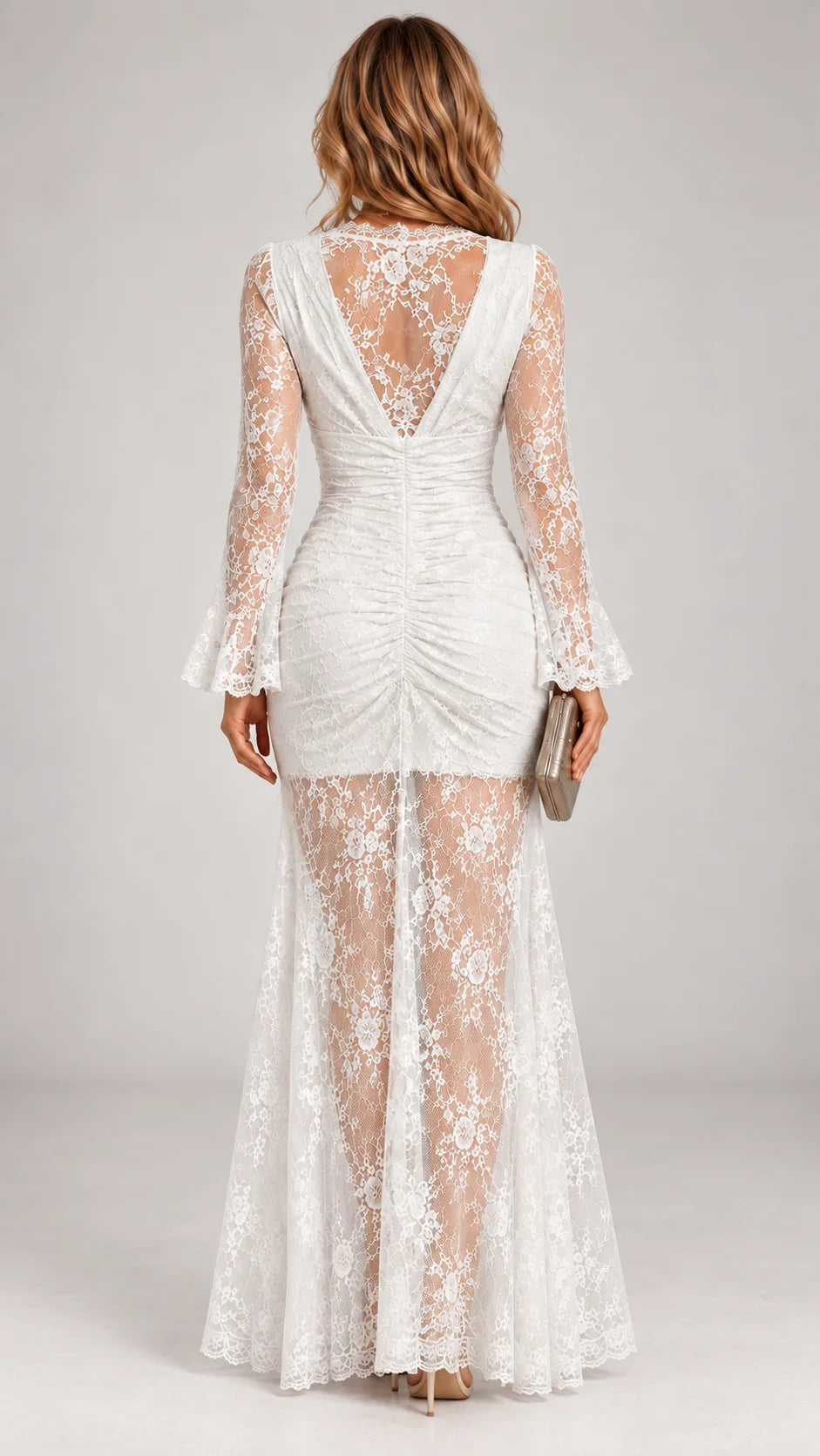 Evening Maxi Dress Lace V-Neck Long Sleeves Side Slit