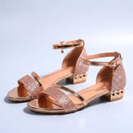 Evening Sandals Glitter Front Strap Ankle Strap Low Block Heel