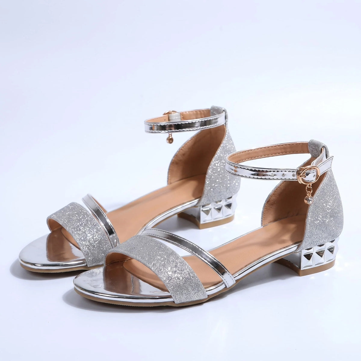 Evening Sandals Glitter Front Strap Ankle Strap Low Block Heel