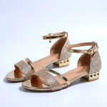 Evening Sandals Glittery Ankle Strap Low Block Heel