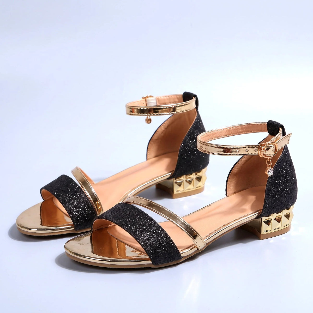 Evening Sandals Glittery Ankle Strap Low Block Heel