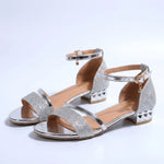 Evening Sandals Glittery Ankle Strap Low Block Heel