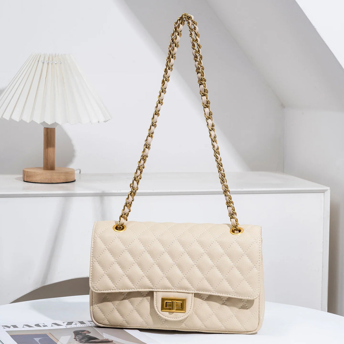 Evening Shoulder Bag Quilted Adjustable Chain Strap Gold-Tone Hardware