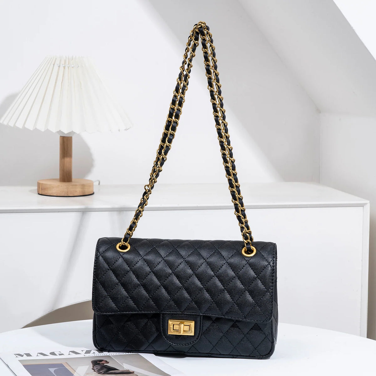 Evening Shoulder Bag Quilted Adjustable Chain Strap Gold-Tone Hardware