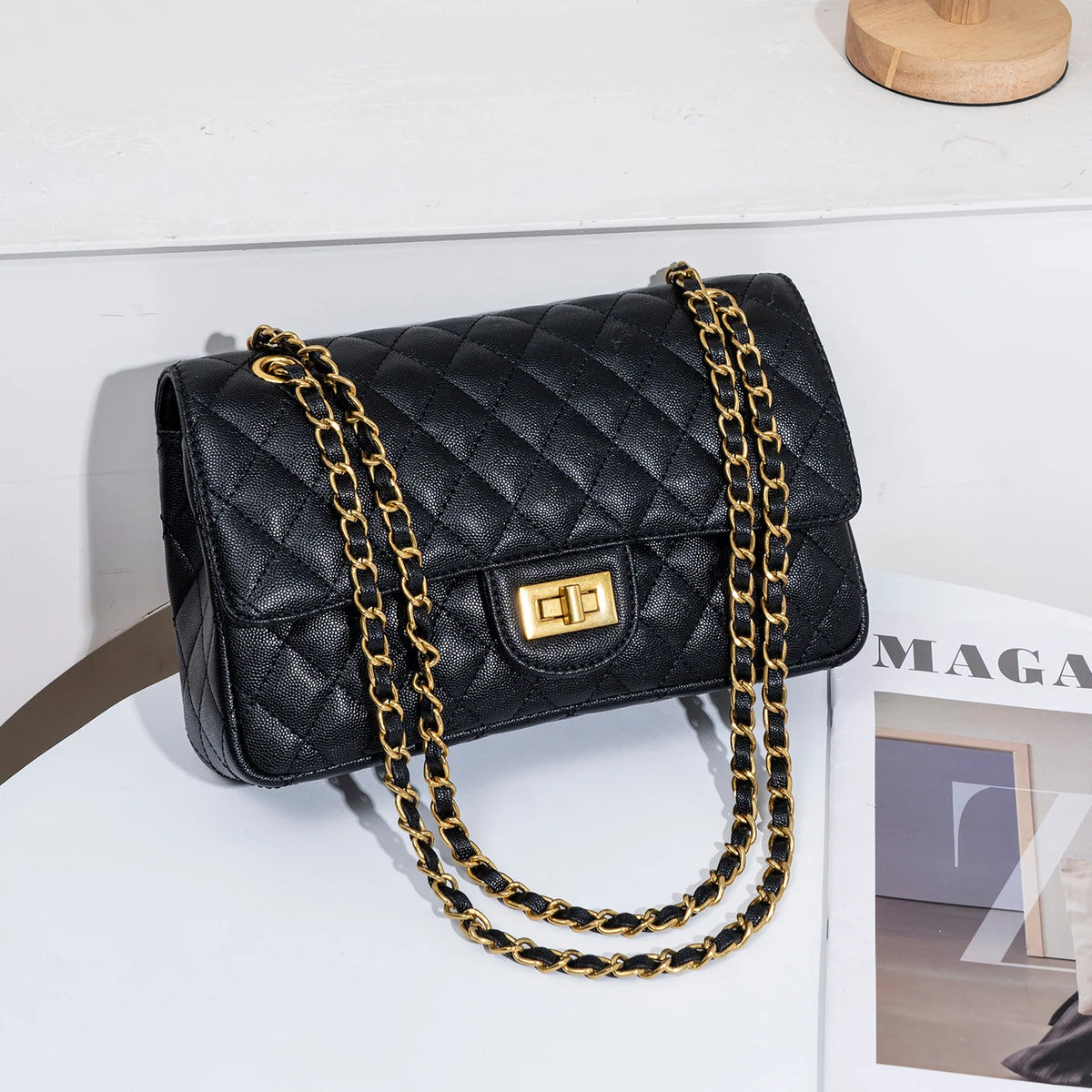 Evening Shoulder Bag Quilted Adjustable Chain Strap Gold-Tone Hardware