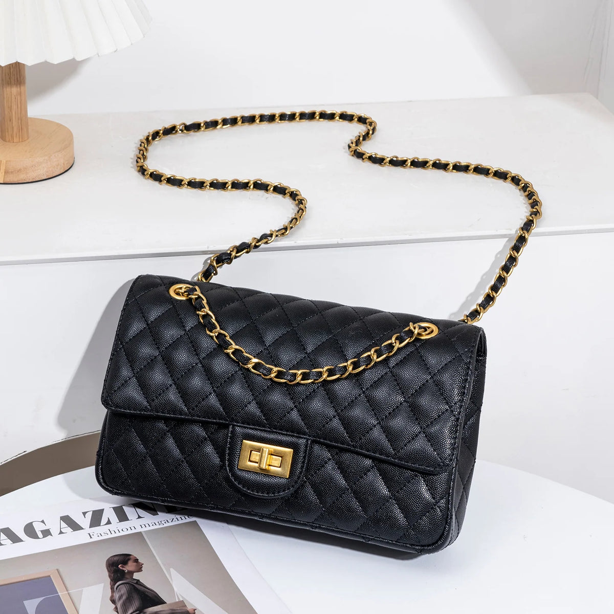 Evening Shoulder Bag Quilted Adjustable Chain Strap Gold-Tone Hardware