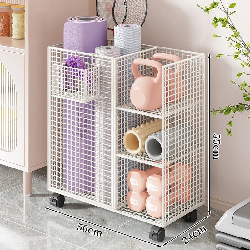 Fitness Equipment Storage Cart Rolling Mesh Vertical Mat Slot & Shelves