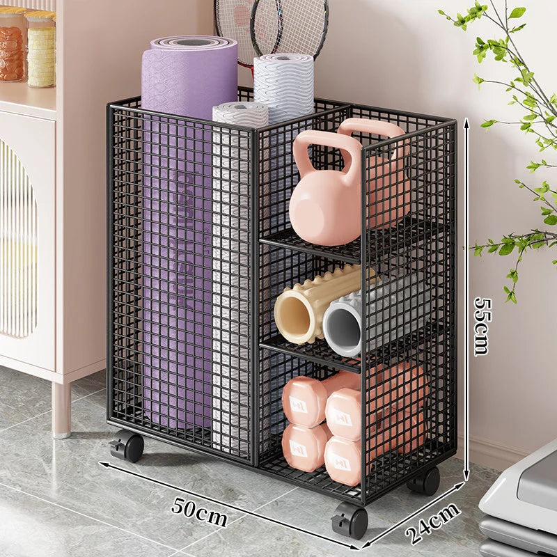 Fitness Equipment Storage Cart Rolling Mesh Vertical Mat Slot & Shelves