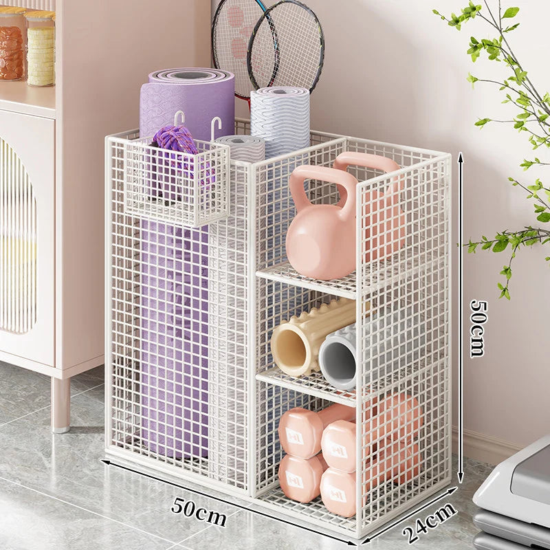 Fitness Equipment Storage Cart Rolling Mesh Vertical Mat Slot & Shelves