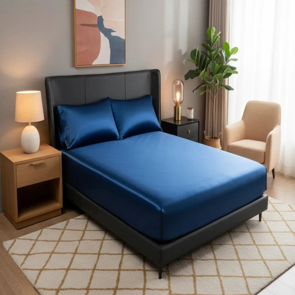 Fitted Sheet Cooling Ice Silk Satin All-Around Elastic Fit