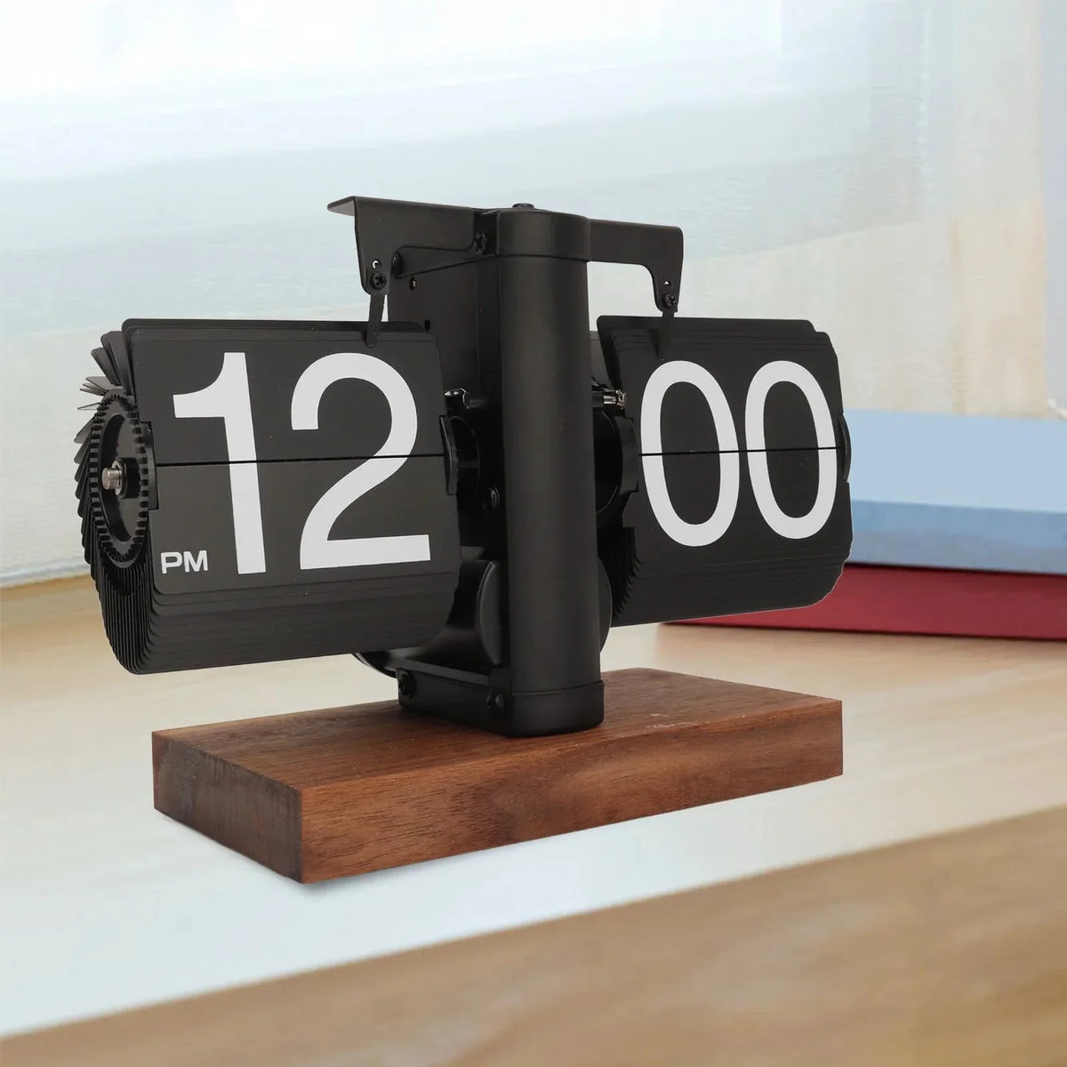 Flip Clock Mechanical Display Large Numbers Black Walnut Frame