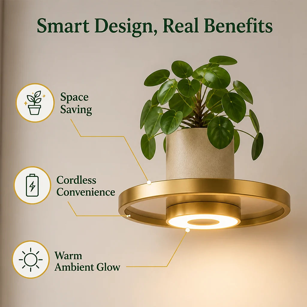 Floating Wall Shelf Built-In Warm LED USB Rechargeable Gold Finish