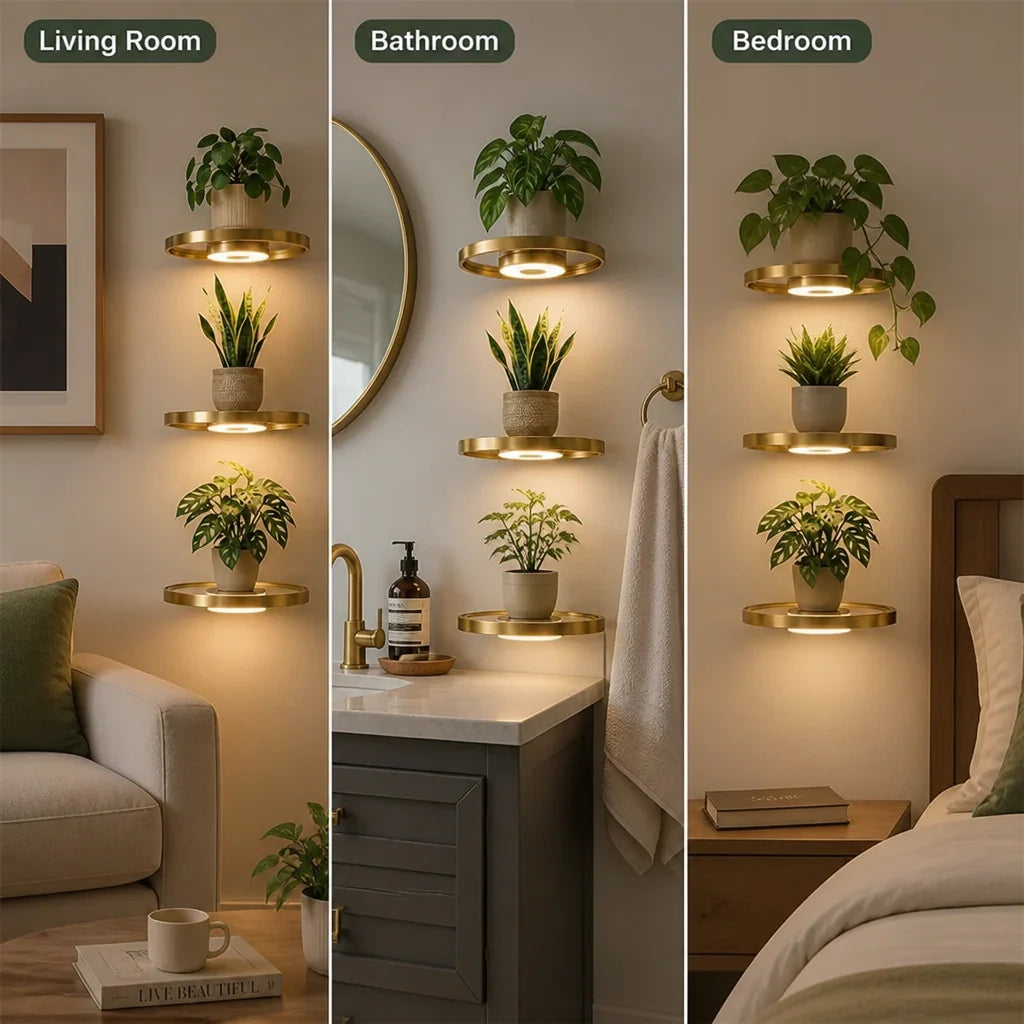 Floating Wall Shelf Built-In Warm LED USB Rechargeable Gold Finish