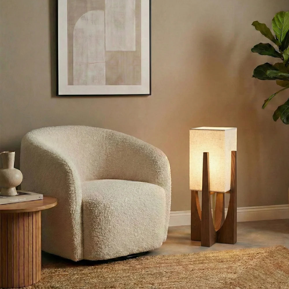 Floor Lamp Fabric Shade Wooden Base Ambient Lighting