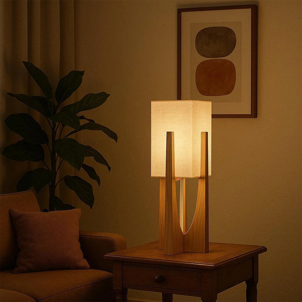 Floor Lamp Fabric Shade Wooden Base Ambient Lighting