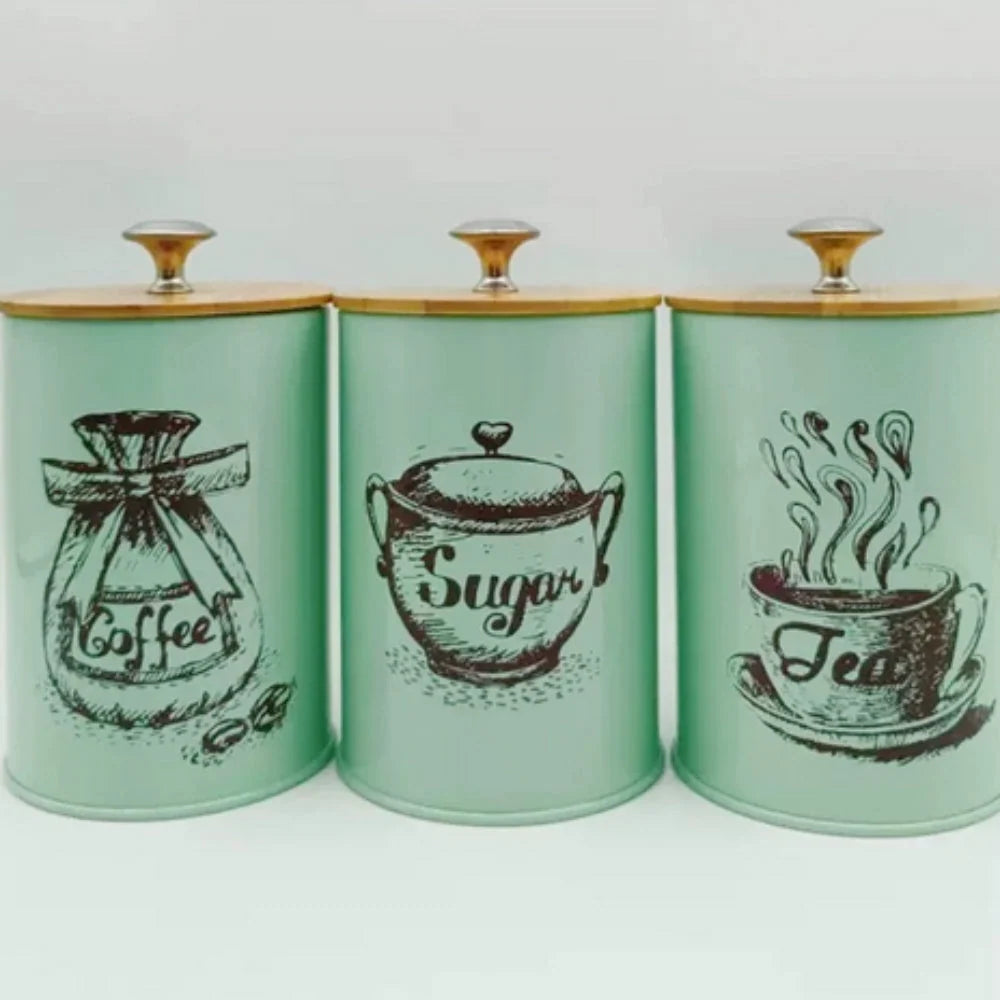 Food Storage Canister Set Iron Bamboo Lids Set of 3
