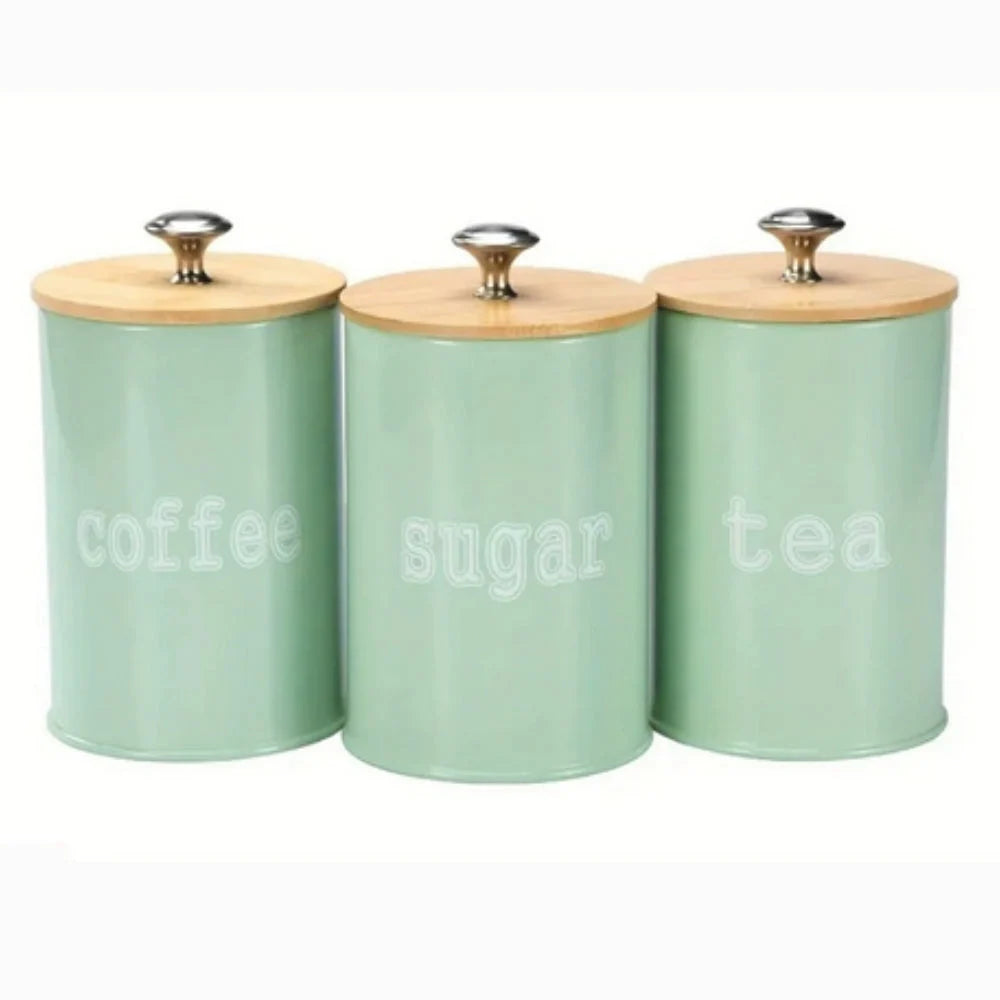 Food Storage Canister Set Iron Bamboo Lids Set of 3