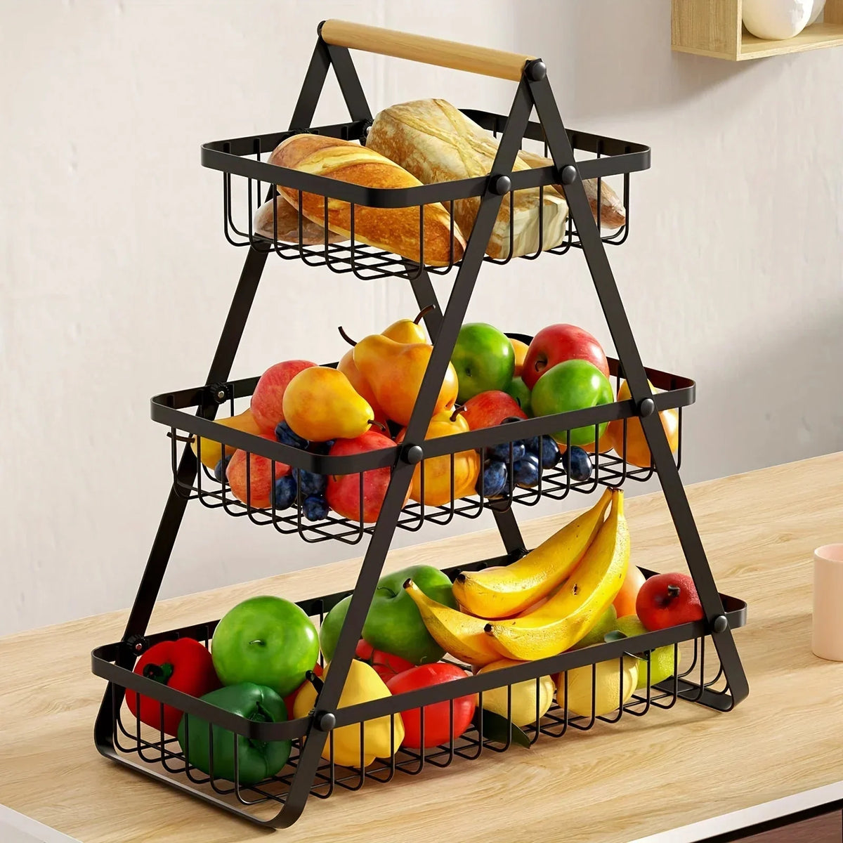 Fruit Basket Stand Carbon Steel Tiered Space-Saving Design