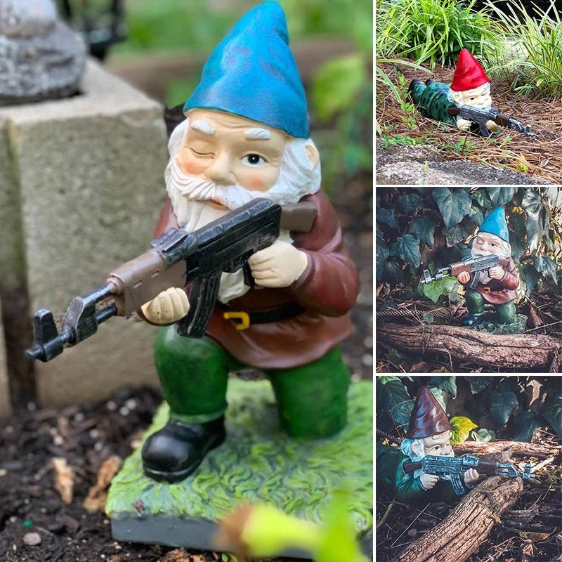 Garden Gnome Statue Armed Soldier Hand-Painted Resin Weather-Resistant