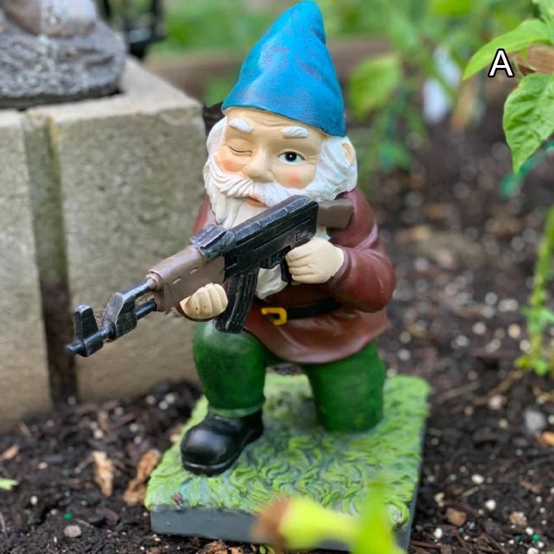 Garden Gnome Statue Armed Soldier Hand-Painted Resin Weather-Resistant