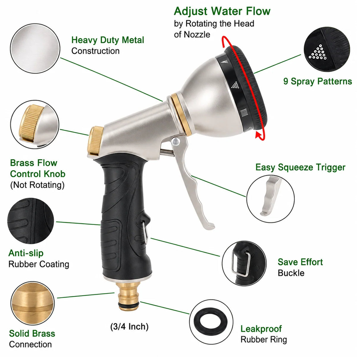 Garden Hose Nozzle Metal 9 Spray Patterns Trigger Lock
