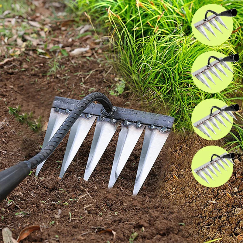 Garden Rake Steel Pointed Tines for Weeding and Soil Loosening