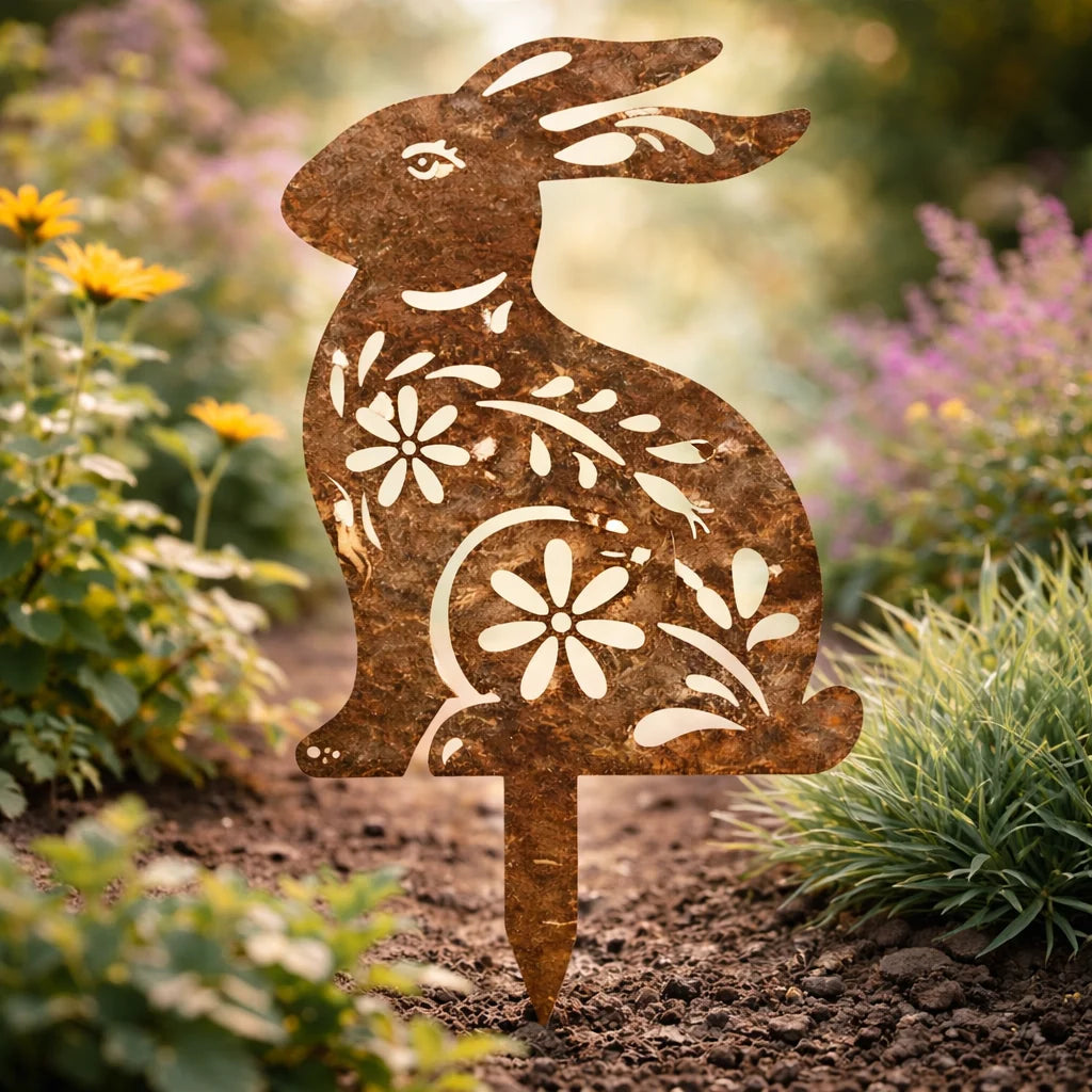 Garden Stake Iron Rustic Rabbit Silhouette Outdoor Decor
