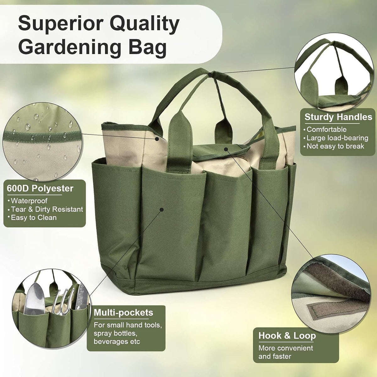 Garden Tool Tote Bag Multiple Pockets Water-Resistant Lining