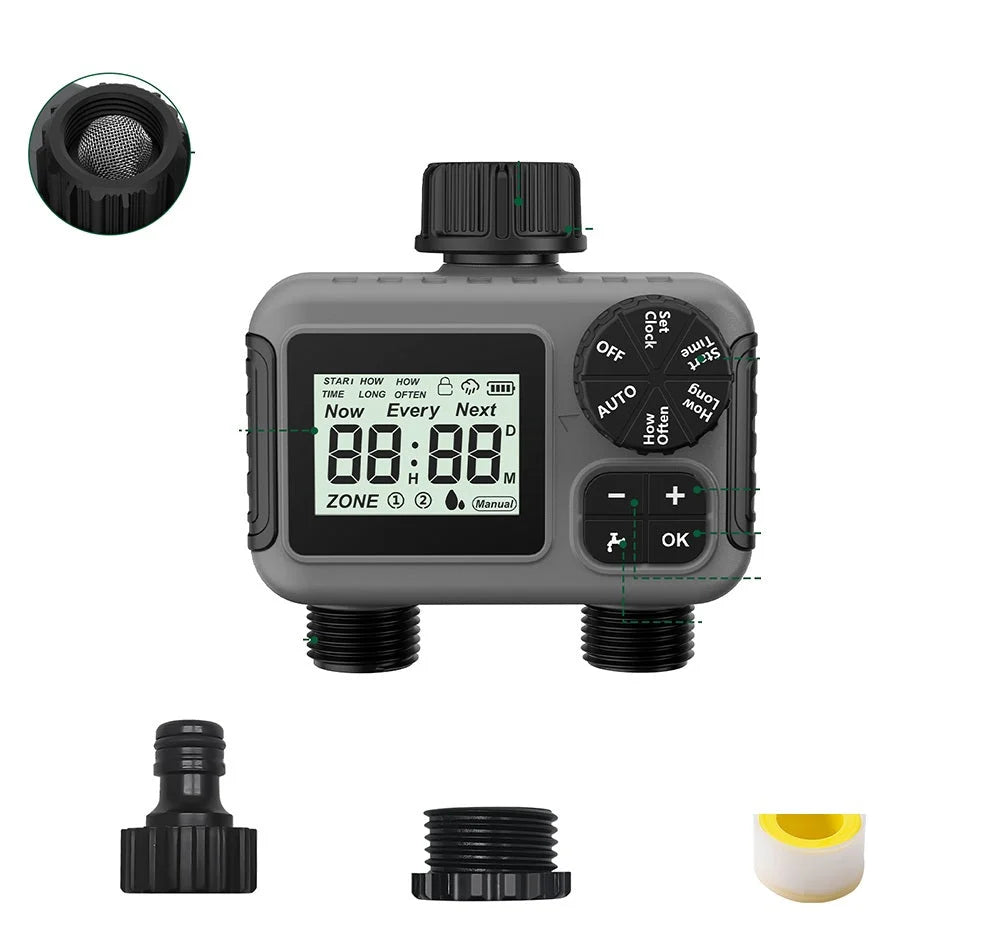 Garden Water Timer Dual-Outlet Programmable Weatherproof