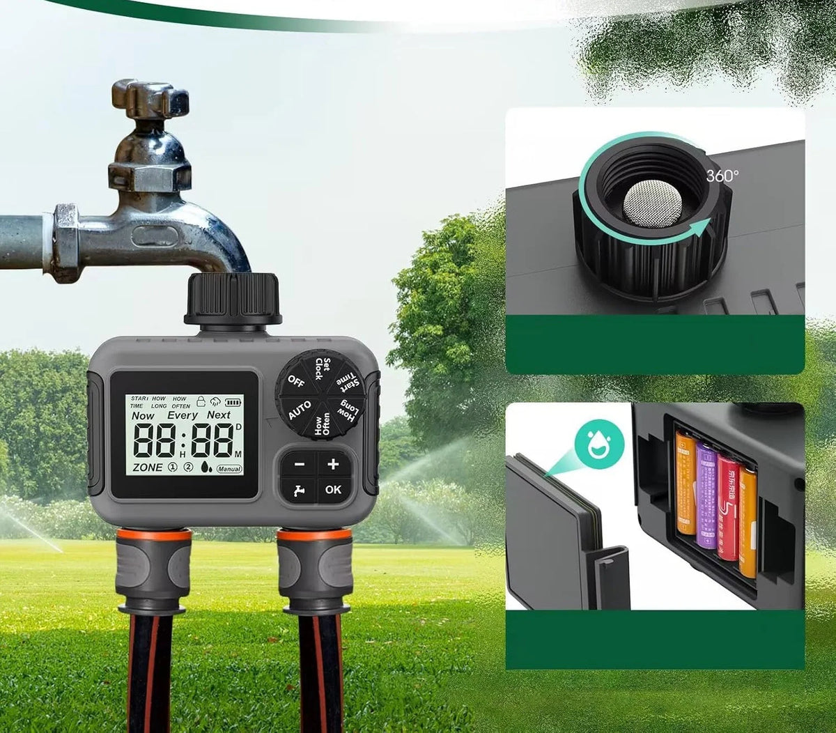 Garden Water Timer Dual-Outlet Programmable Weatherproof