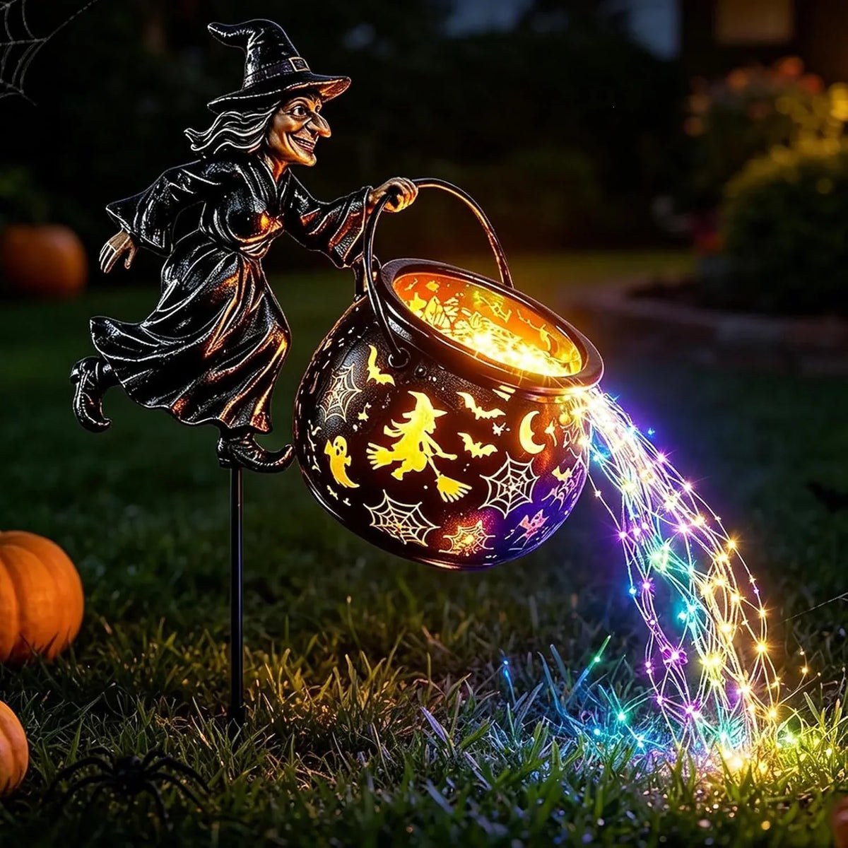 Garden Witch Figure LED-Lit Cauldron Weather-Resistant Freestanding Decor