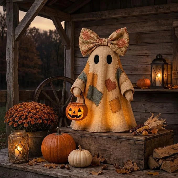 Ghost Figurine Resin Patchwork Design with Pumpkin Basket