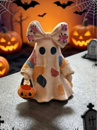 Ghost Figurine Resin Patchwork Design with Pumpkin Basket