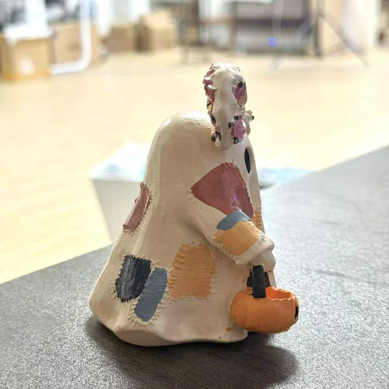 Ghost Figurine Resin Patchwork Design with Pumpkin Basket