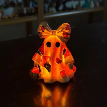Ghost Figurine Resin Patchwork Design with Pumpkin Basket