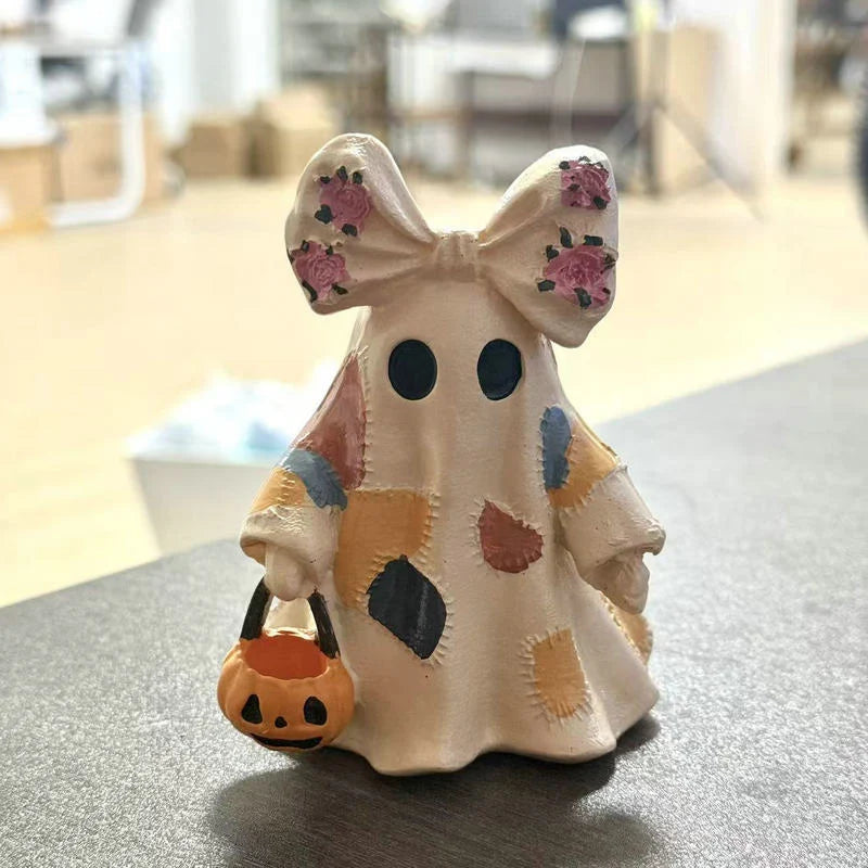 Ghost Figurine Resin Patchwork Design with Pumpkin Basket
