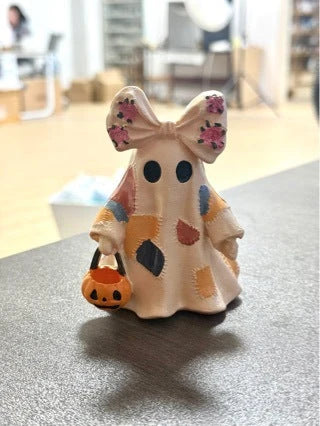 Ghost Figurine Resin Patchwork Design with Pumpkin Basket