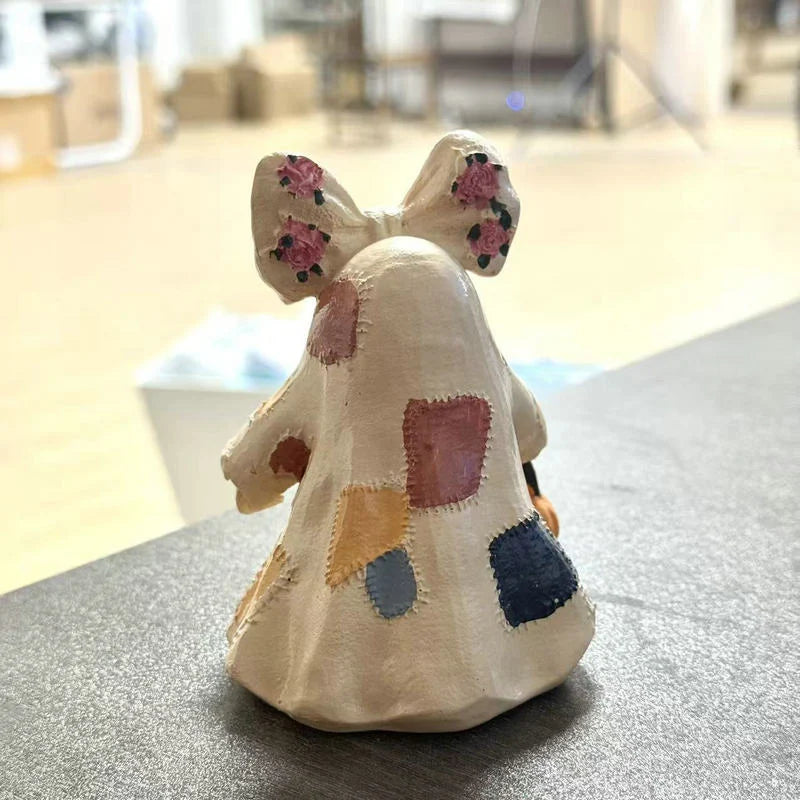 Ghost Figurine Resin Patchwork Design with Pumpkin Basket