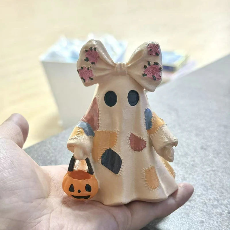 Ghost Figurine Resin Patchwork Design with Pumpkin Basket