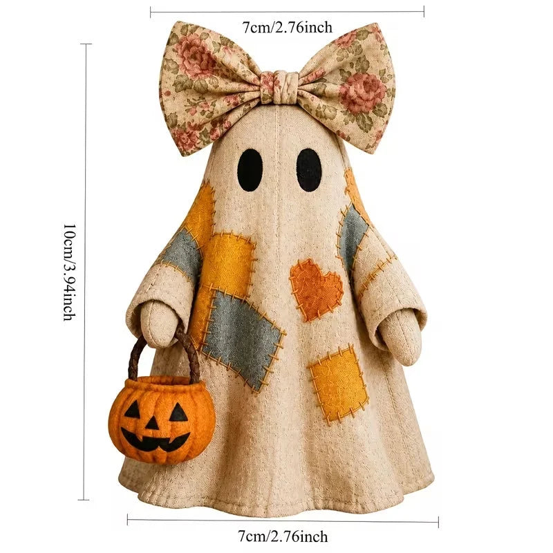 Ghost Figurine Resin Patchwork Design with Pumpkin Basket
