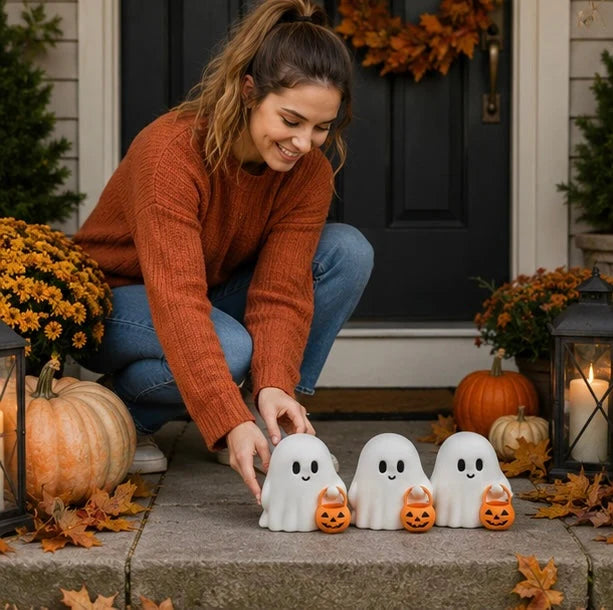 Ghost Figurine Set of 3 White Resin Pumpkin Details