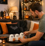 Ghost Figurine Set of 3 White Resin Pumpkin Details