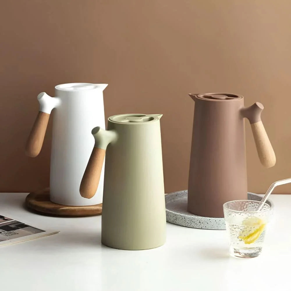 Glass Carafe Double-Walled Wooden Handle for Hot & Cold Drinks