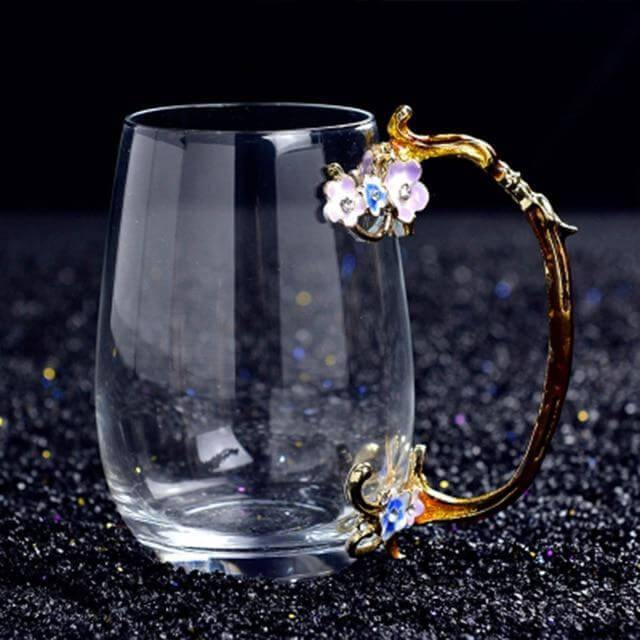 Glass Coffee Mug Hand-Drawn Floral Design Lead-Free