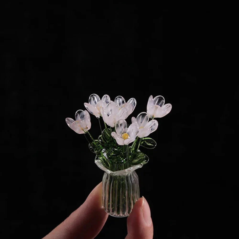 Glass Flower Bouquet Colored Glaze Set of 7 With Vase
