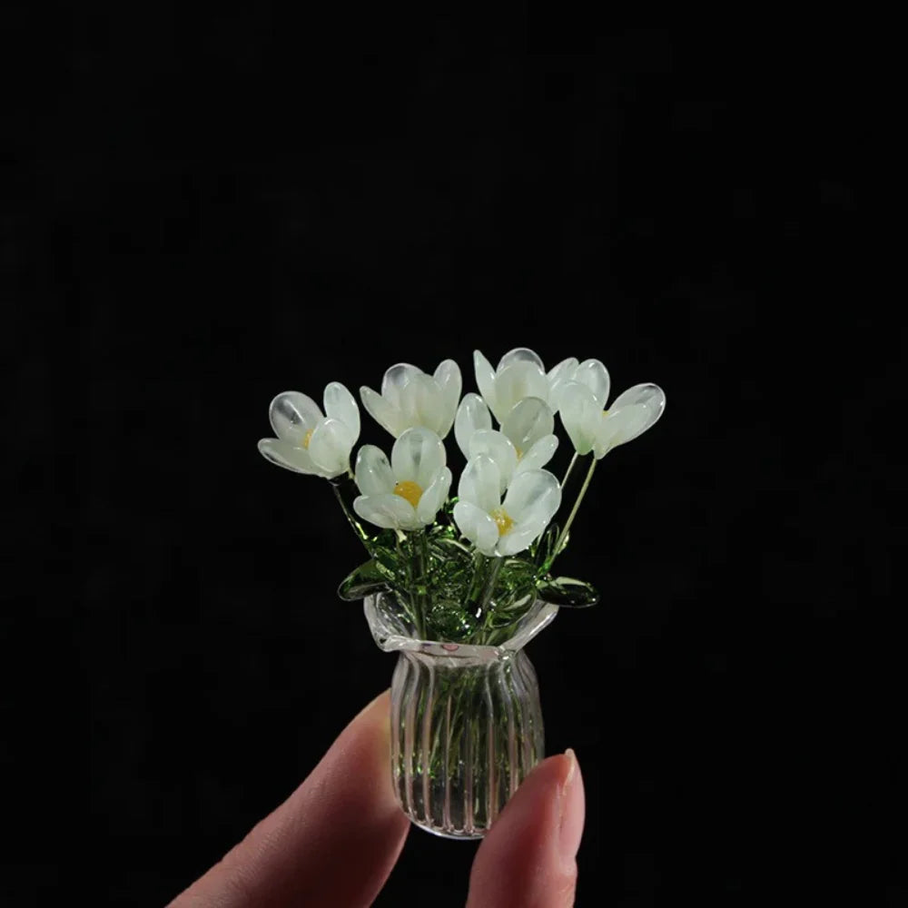 Glass Flower Bouquet Colored Glaze Set of 7 With Vase
