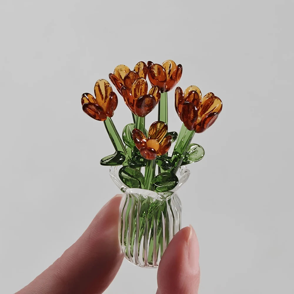 Glass Flower Bouquet Colored Glaze Set of 7 With Vase