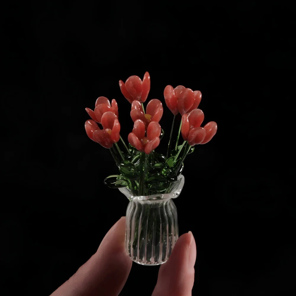 Glass Flower Bouquet Colored Glaze Set of 7 With Vase