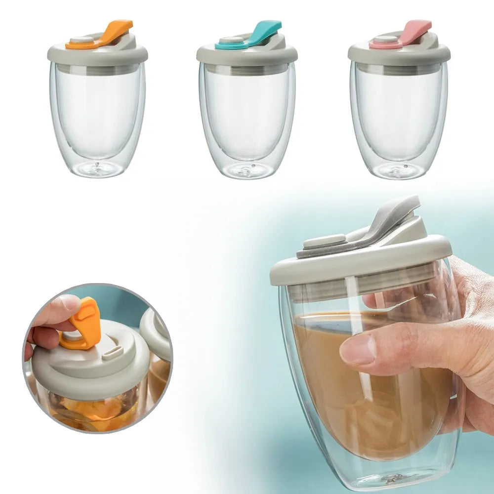 Glass Mug Double-Wall Borosilicate Leak-Proof Lid