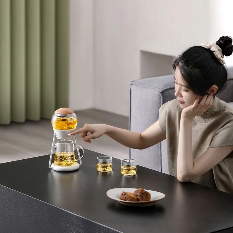 Glass Teapot Set Borosilicate With Stainless Steel Strainer & Walnut Lid